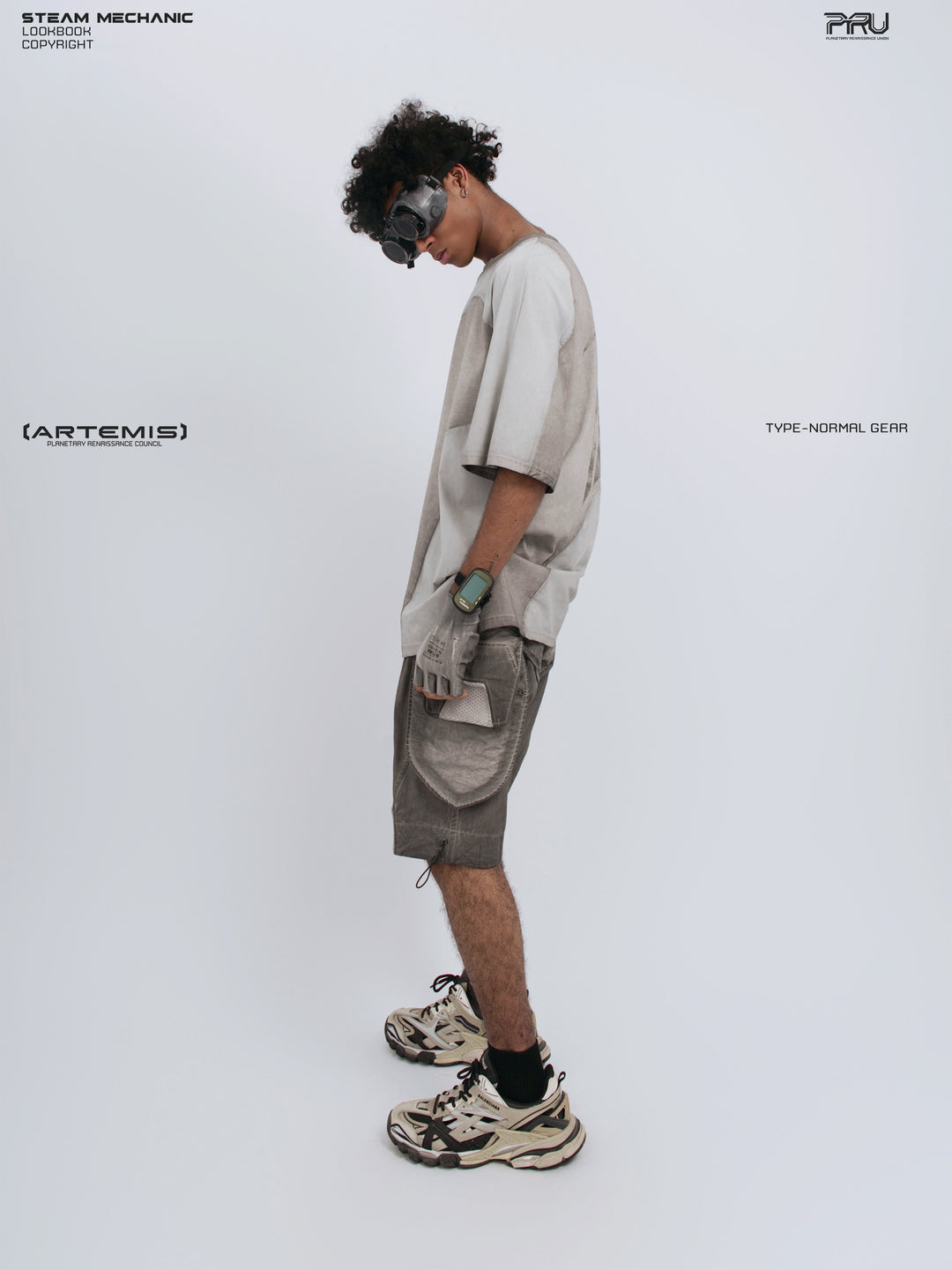 STARCORE moonbeam white velcro mesh tee — full-length side modeled view showing the sleeve and hem