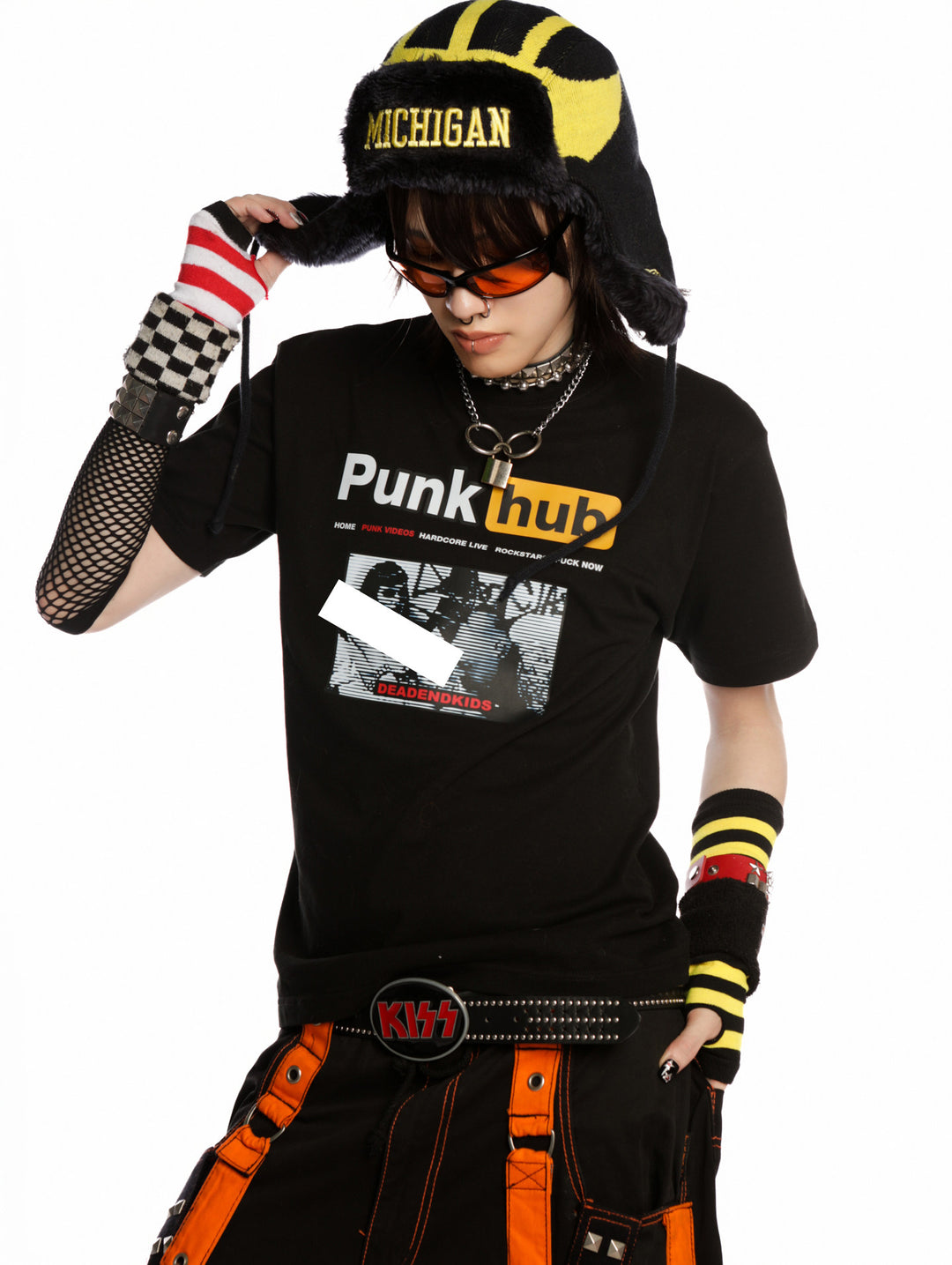 DeadEndKids PunkHub black graphic T-shirt — downward hat pose