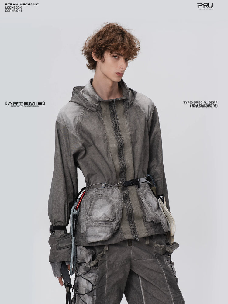 STARCORE meteor gray distressed work jacket — full-length styled view