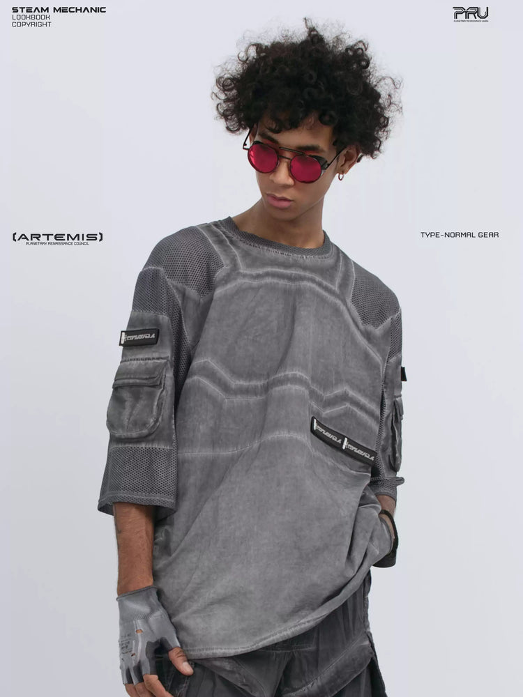 STARCORE moon dust gray velcro mesh tee — angled front three-quarter modeled view looking down