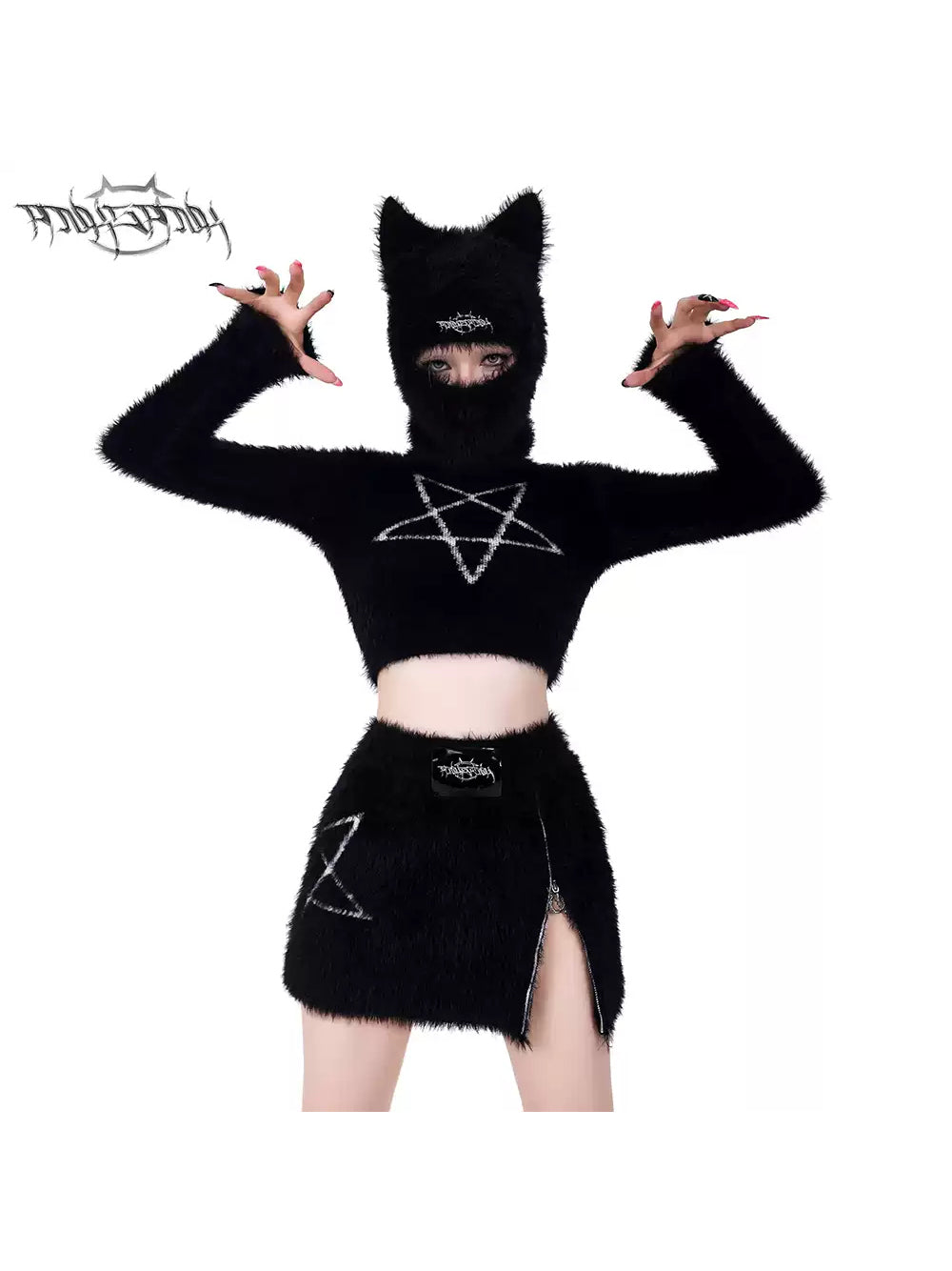 PINKSPINK PENTAGRAM cat-ear knit balaclava — modeled front styling view