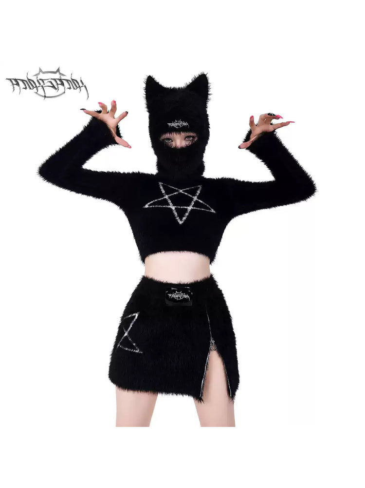 PINKSPINK PENTAGRAM cat-ear knit balaclava — modeled front styling view
