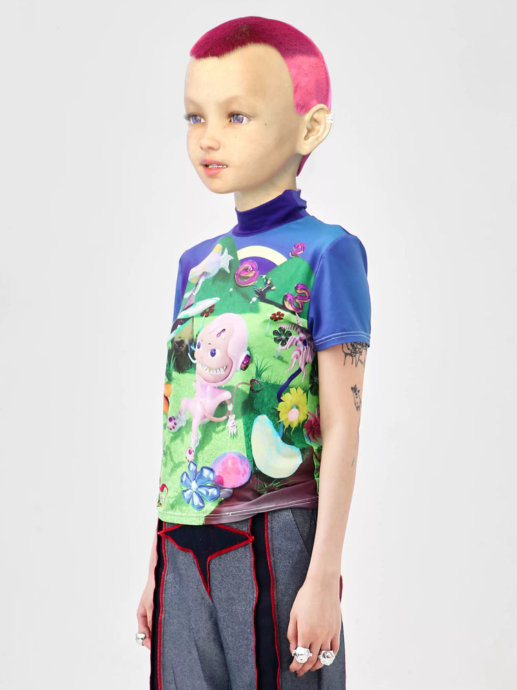 EMBRYO E23 LITTLE ONE printed mock-neck tee — alternate modeled angle