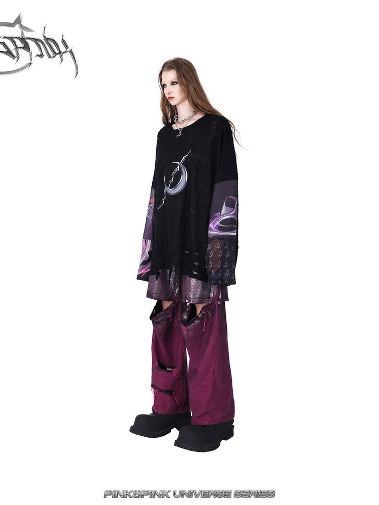 PINKSPINK ELECTRIC MOON silver-coated convertible jeans in burgundy silver — angled full-length modeled view styled with a black top
