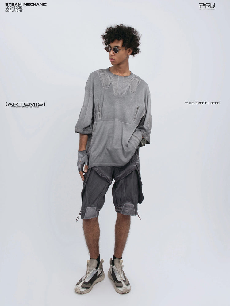 STARCORE moon dust gray distressed mesh tee — full-length front view looking to the side