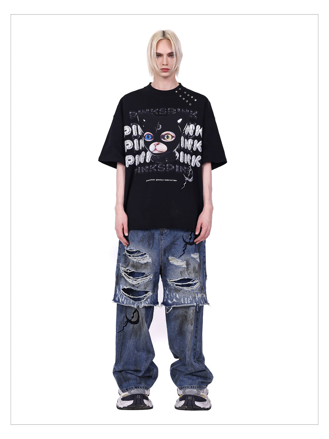 PINKSPINK GERMAN CAT oversized graphic tee — product detail view showing texture and hardware