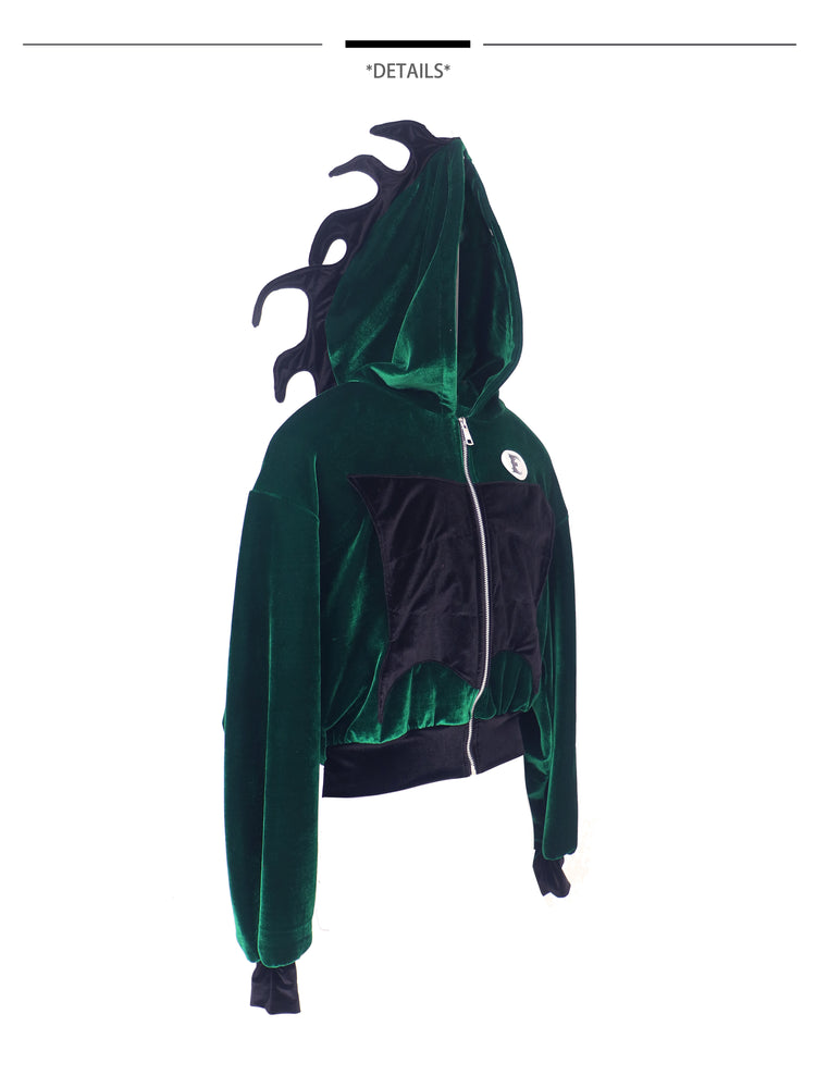 EMBRYO GREEN SPIKE cropped velvet hoodie — product-only front view