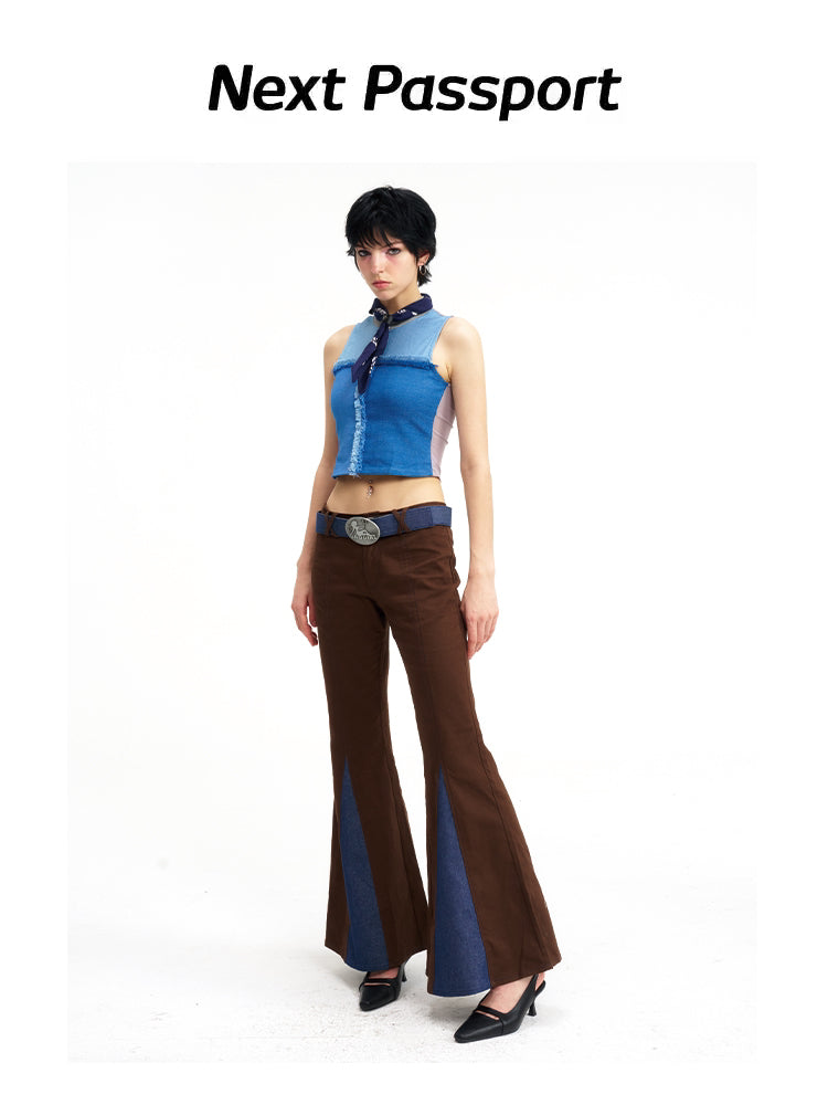 NEXT PASSPORT denim-panel low-rise flared pants in brown — three-quarter side modeled view.