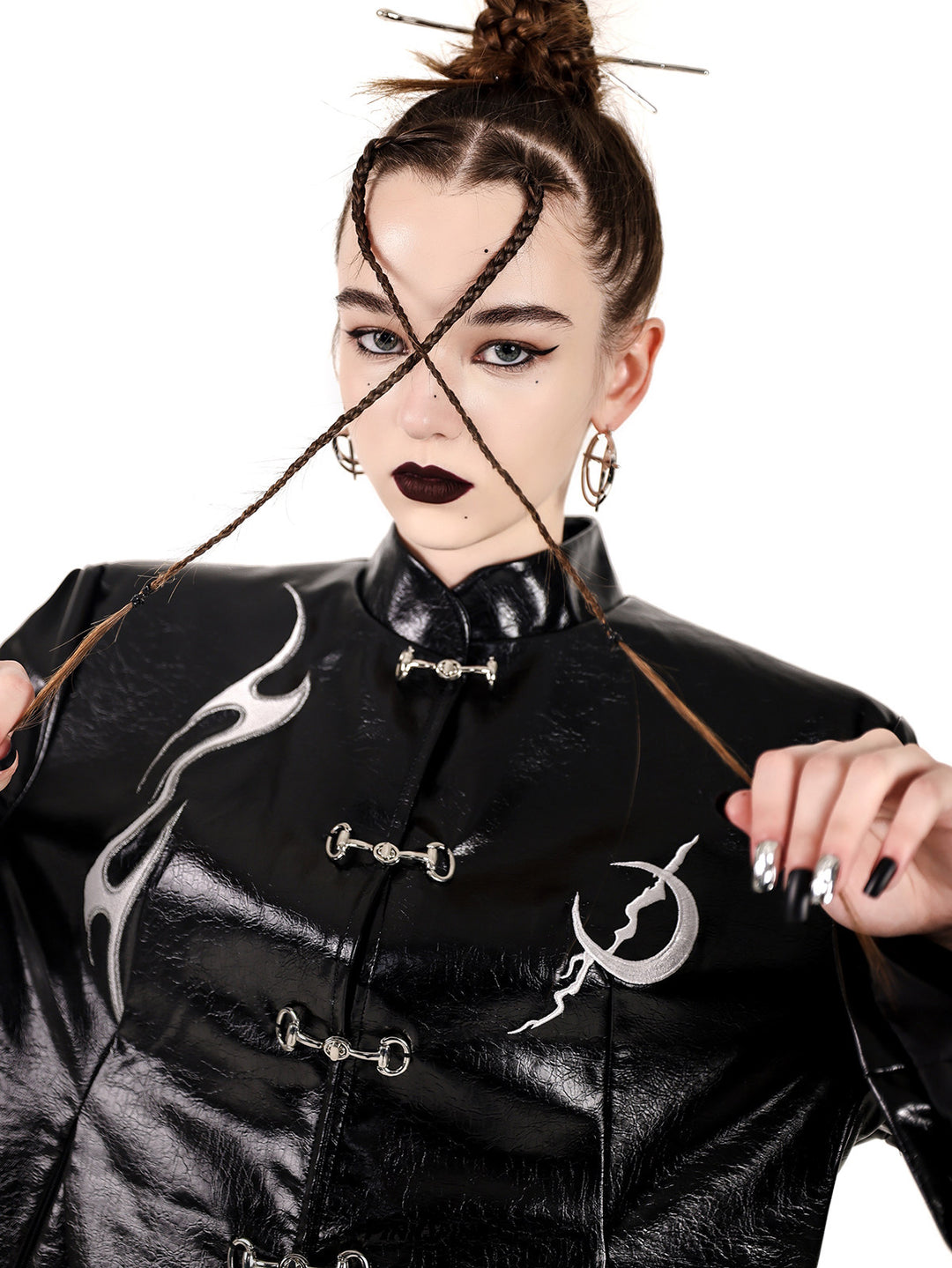 PINKSPINK ELECTRIC MOON embroidered buckle jacket — black front close-up of the stand collar, embroidery and metal buckles
