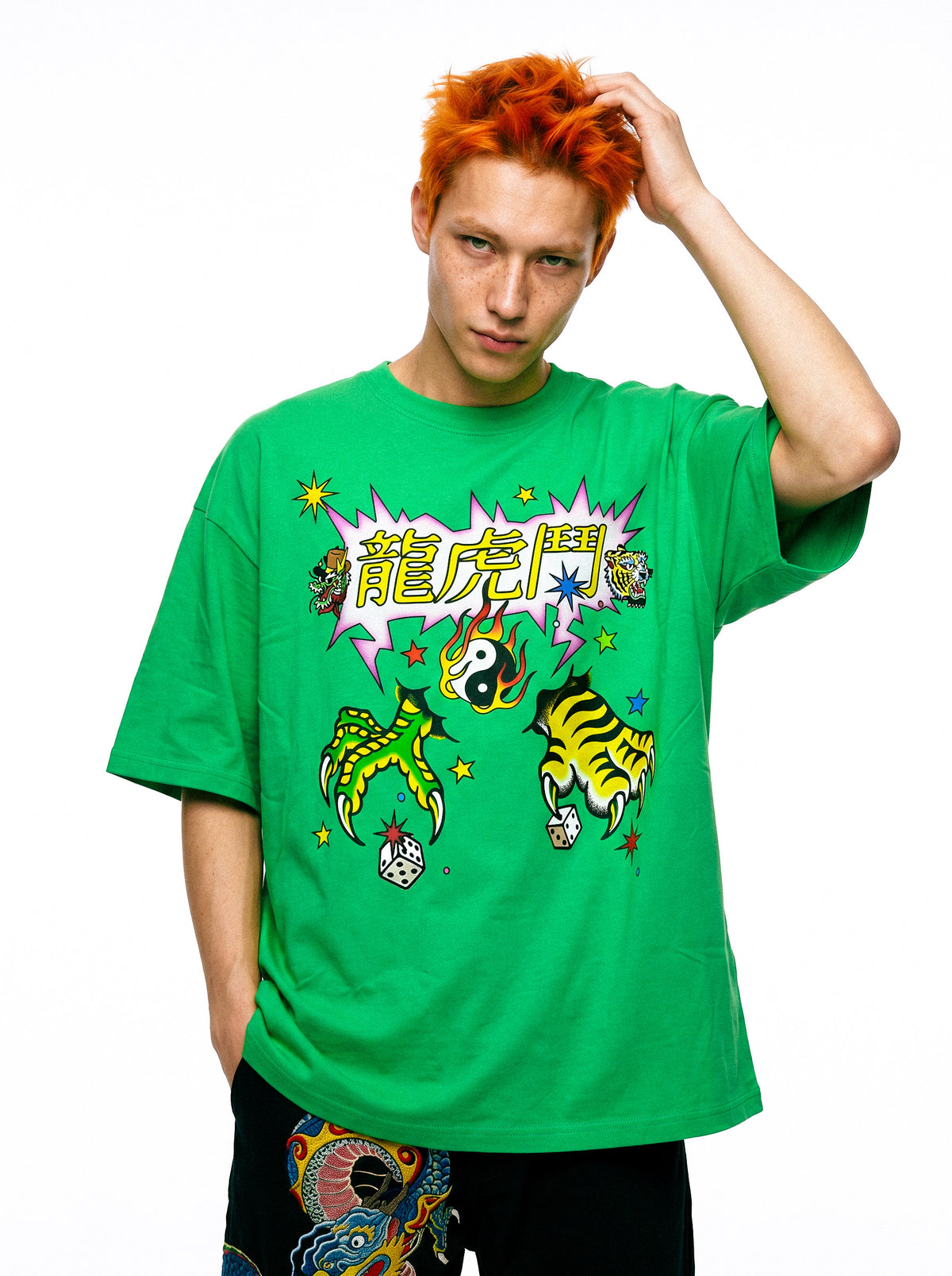 DEADENDKIDS TIGER DRAGON oversized graphic tee — rear or construction presentation