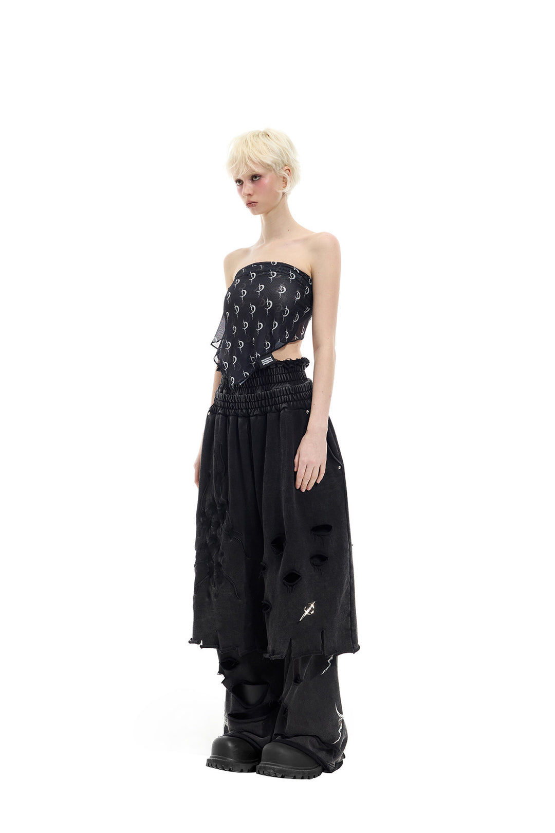 PINKSPINK ELECTRIC MOON distressed embroidered wide-leg shorts — black — three-quarter full-length view styled with a bandana top