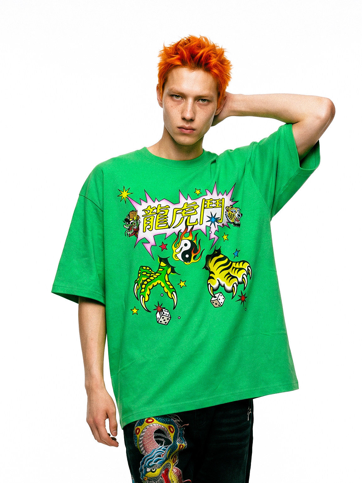 DEADENDKIDS TIGER DRAGON oversized graphic tee — alternate modeled angle