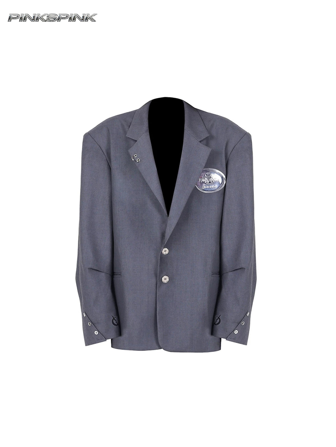 PINKSPINK REBEL pierced oversized tailored blazer in gray — front garment-only view showing pierced lapels and crescent cuff embroidery