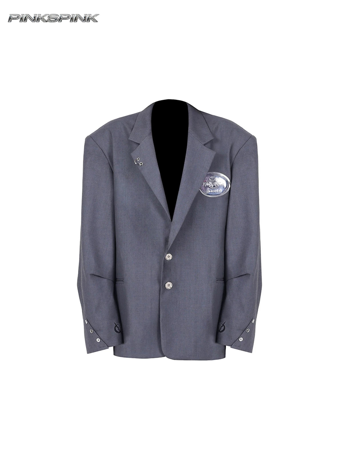 PINKSPINK REBEL pierced oversized tailored blazer in gray — front garment-only view showing pierced lapels and crescent cuff embroidery