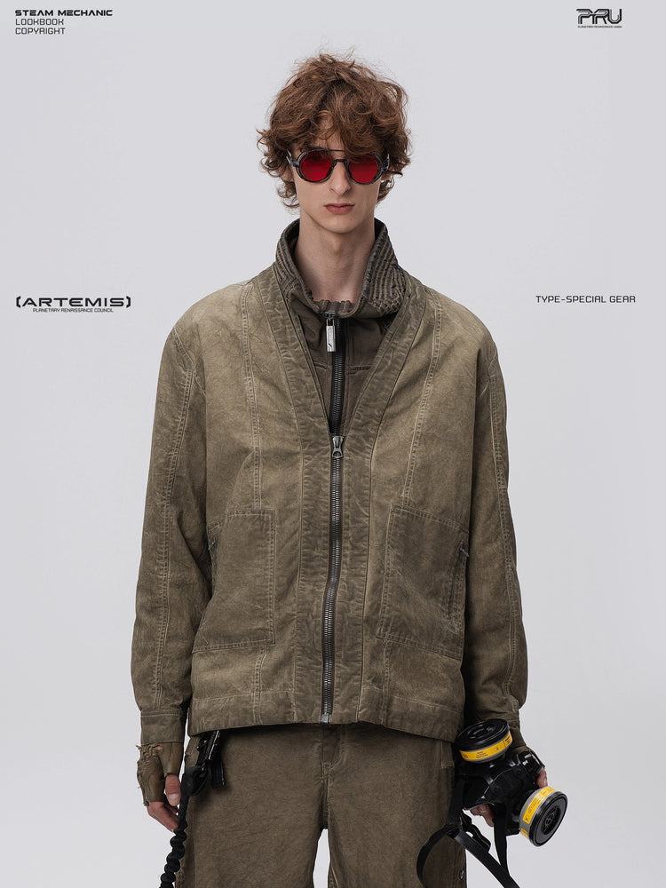 GAIA gravel brown open-collar technical robe — front modeled view showing the washed finish and open neckline