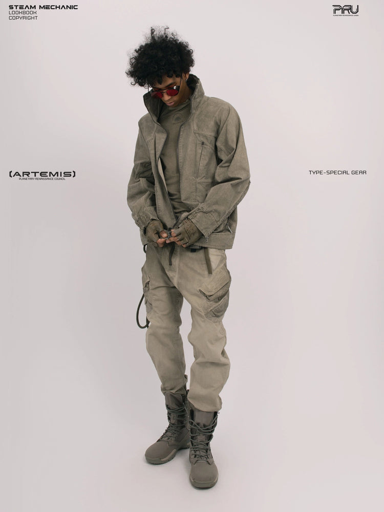ARTEMIS xirang brown tuck-paneled technical jacket — full-length styled view