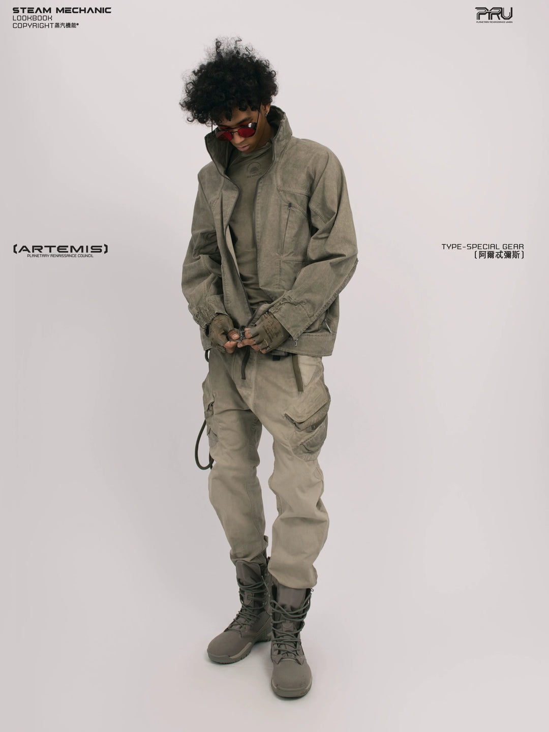 ARTEMIS xirang brown tuck-paneled technical jacket — full-length styled view