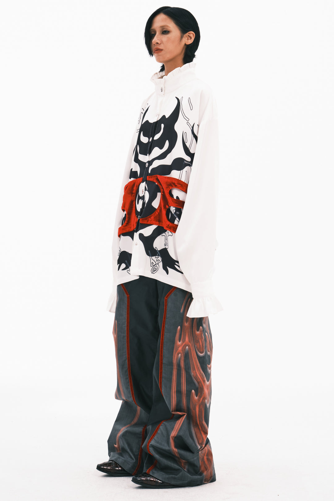 EMBRYO COURT TOTEM velvet-frill mock-neck shirt — material and hardware detail