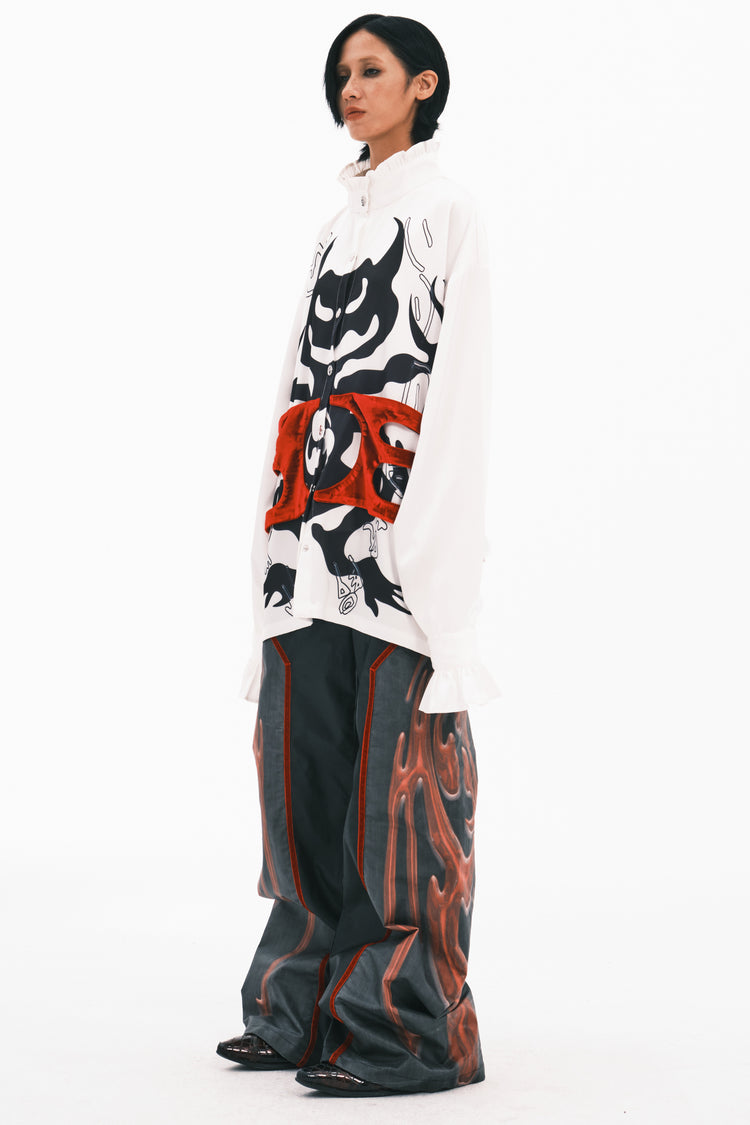 EMBRYO COURT TOTEM velvet-frill mock-neck shirt — material and hardware detail