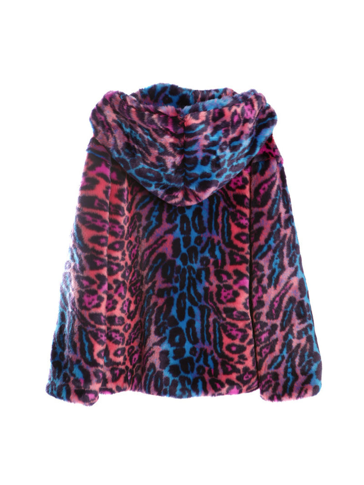 DeadEndKids leopard-print faux-fur hooded jacket in blue purple — back garment-only view showing the hood