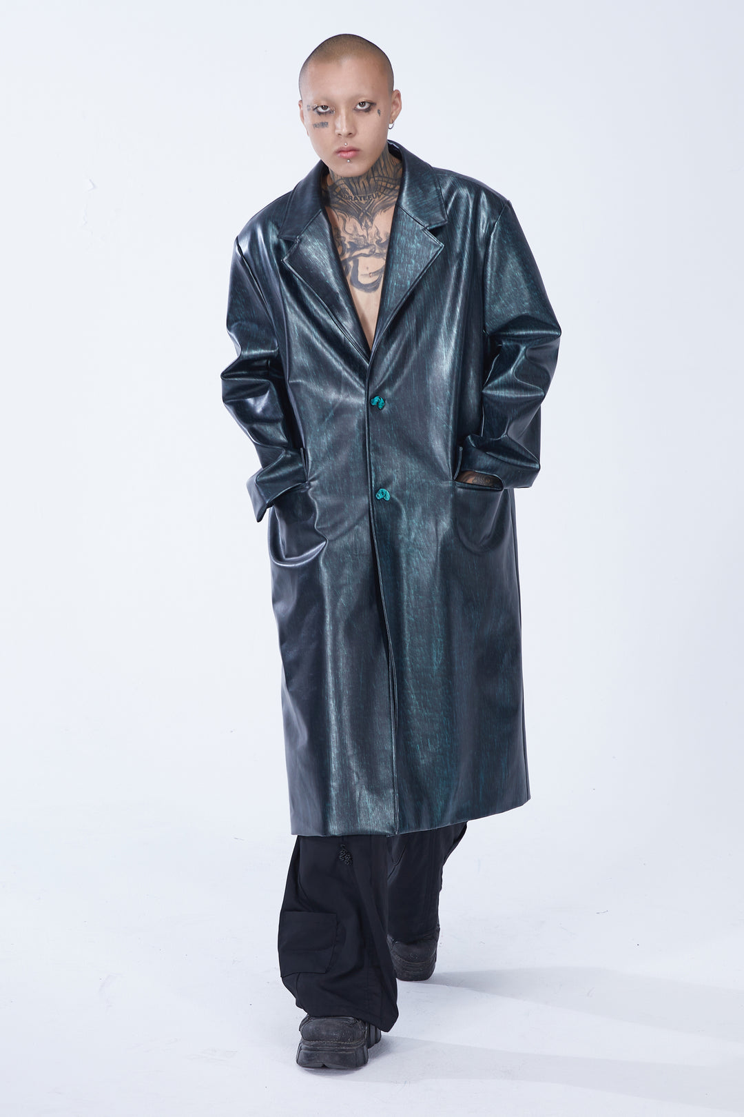 EMBRYO MATRIX buckle PU leather trench coat — full-length modeled styling view