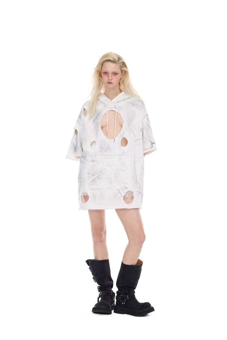 PINKSPINK ELECTRIC MOON coated distressed hoodie — modeled front styling view