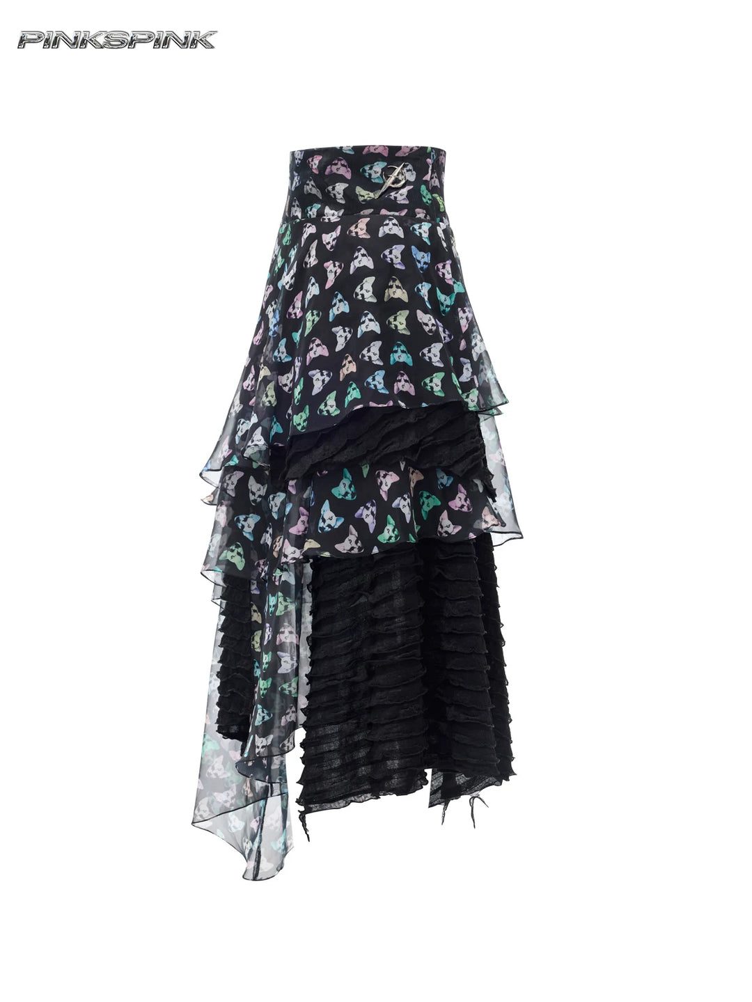 PINKSPINK CAT ALIEN asymmetric mesh maxi skirt — front garment-only view of printed panels and ruffles