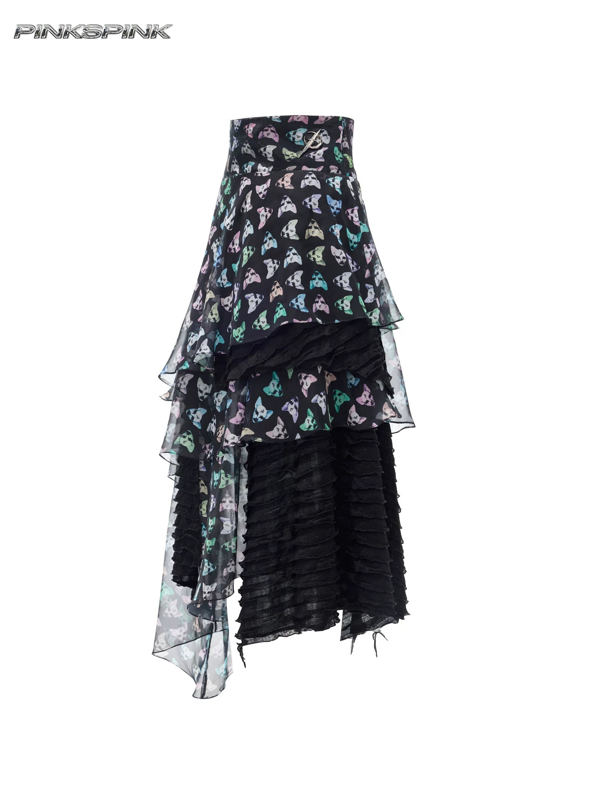 PINKSPINK CAT ALIEN asymmetric mesh maxi skirt — front garment-only view of printed panels and ruffles