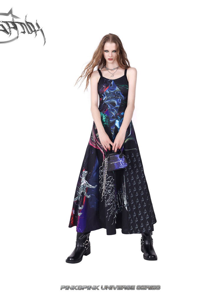 PINKSPINK ELECTRIC MOON layered alloy necklace in silver — wide-stance modeled view with a printed slip dress