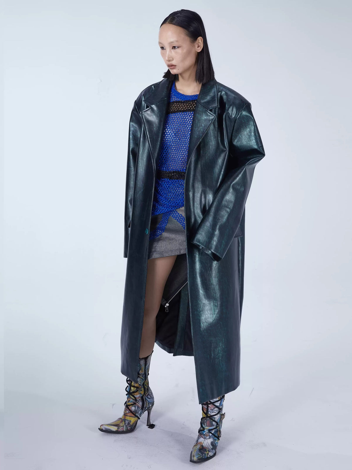 EMBRYO MATRIX buckle PU leather trench coat — open-front modeled view