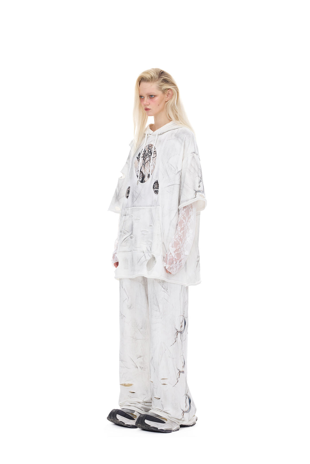 PINKSPINK ELECTRIC MOON coated distressed hoodie — alternate modeled styling view