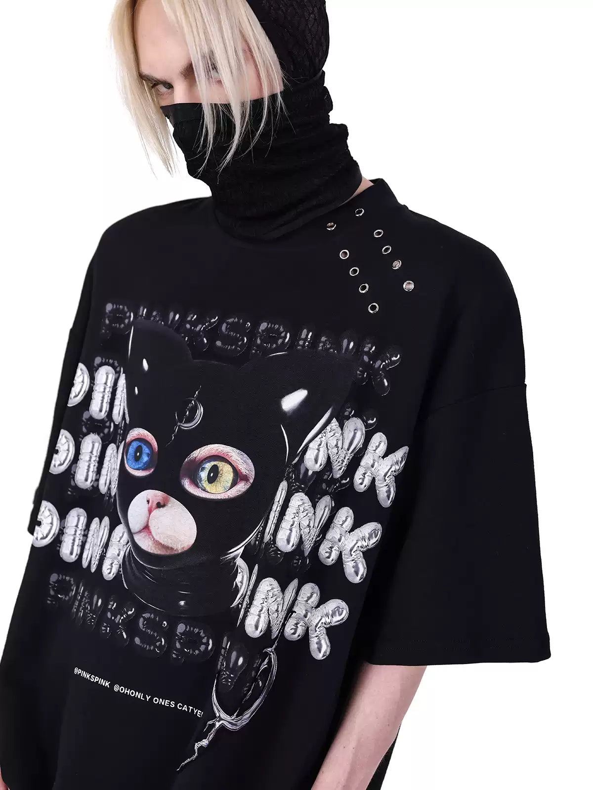PINKSPINK GERMAN CAT oversized graphic tee — close modeled view highlighting the construction