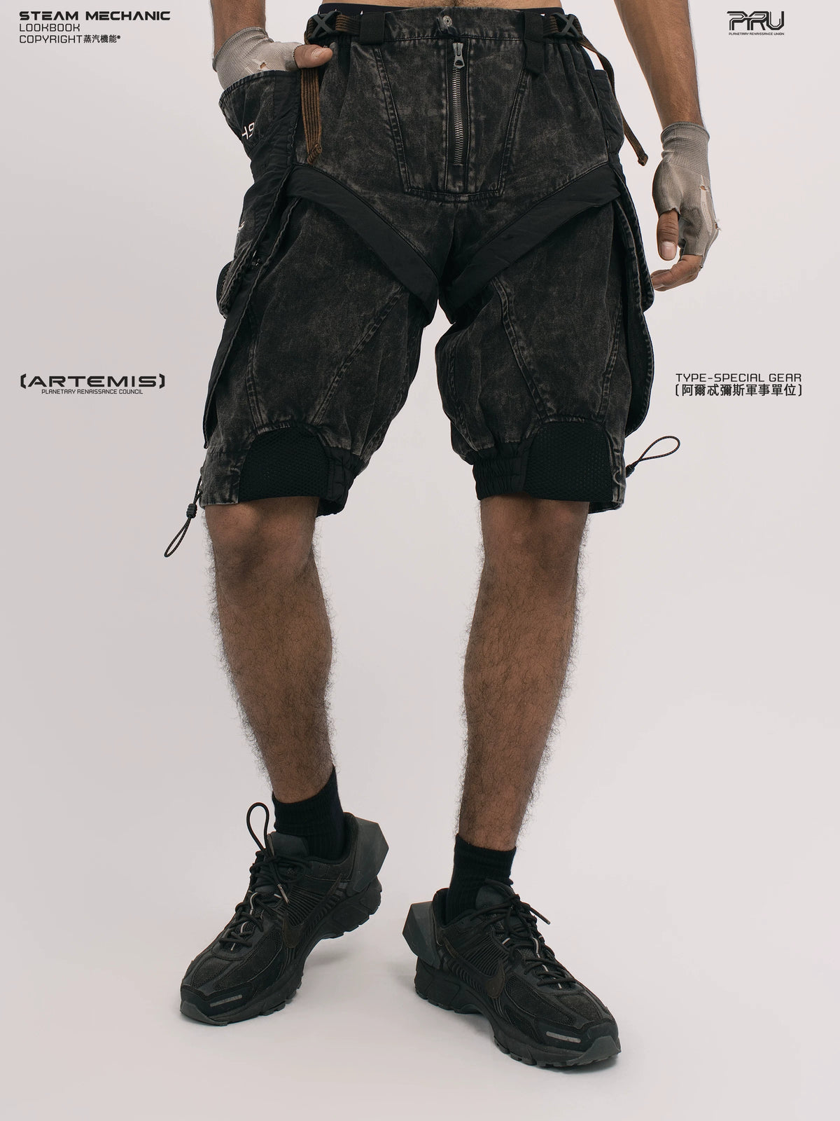 ARTEMIS blackbird black detachable technical shorts — alternate modeled angle