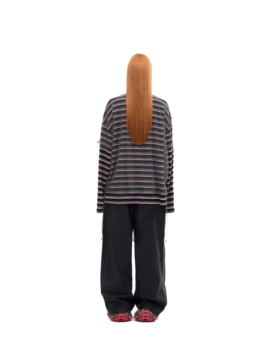PINKSPINK ELECTRIC MOON striped mesh-overlay two-piece tee in black pink — rear full-length modeled view without a hat