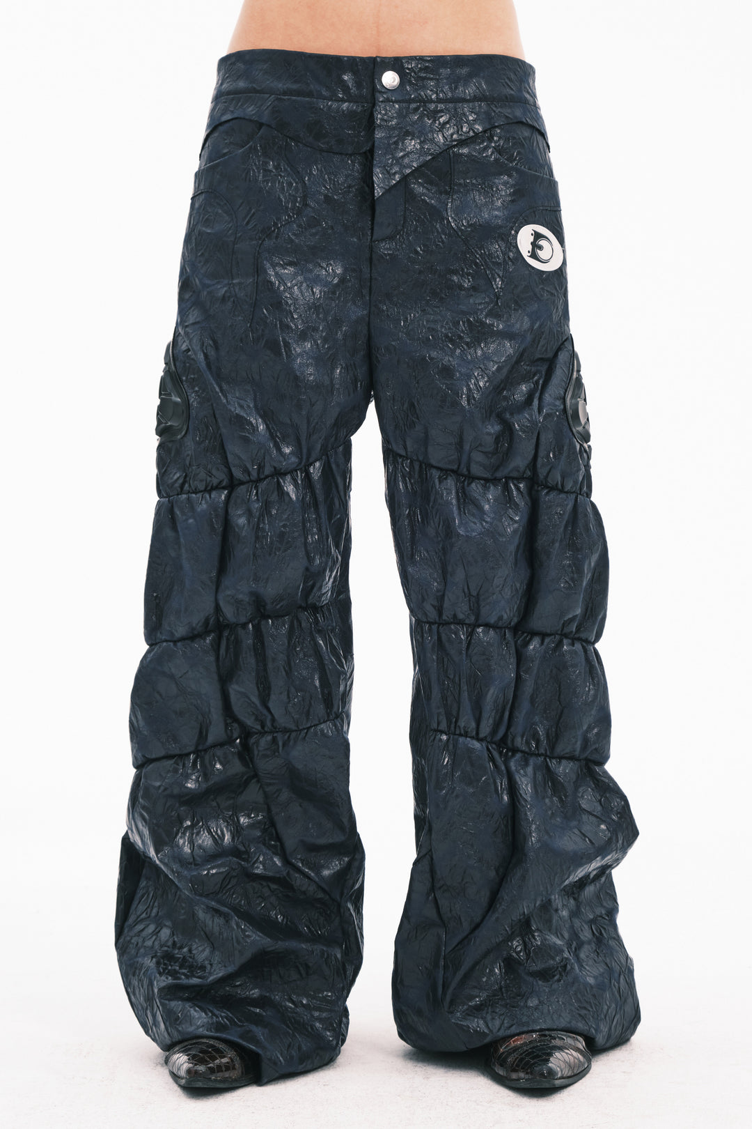 EMBRYO GUARD SHELL ruched PU leather flare pants — alternate modeled angle