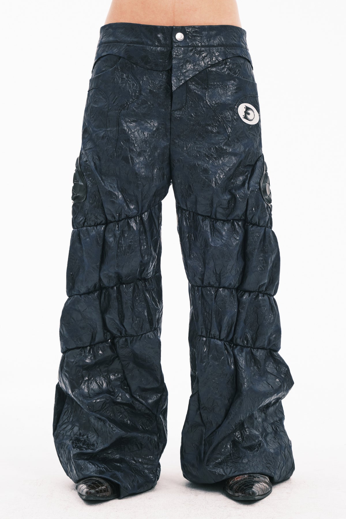 EMBRYO GUARD SHELL ruched PU leather flare pants — alternate modeled angle
