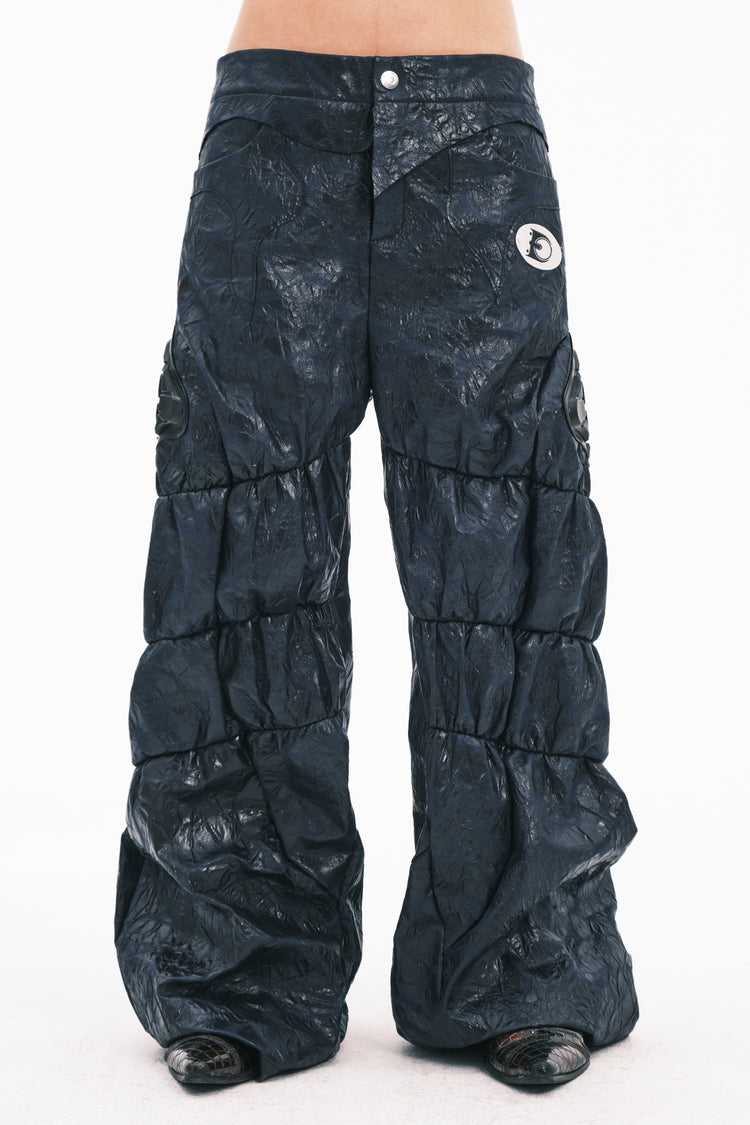 EMBRYO GUARD SHELL ruched PU leather flare pants — alternate modeled angle