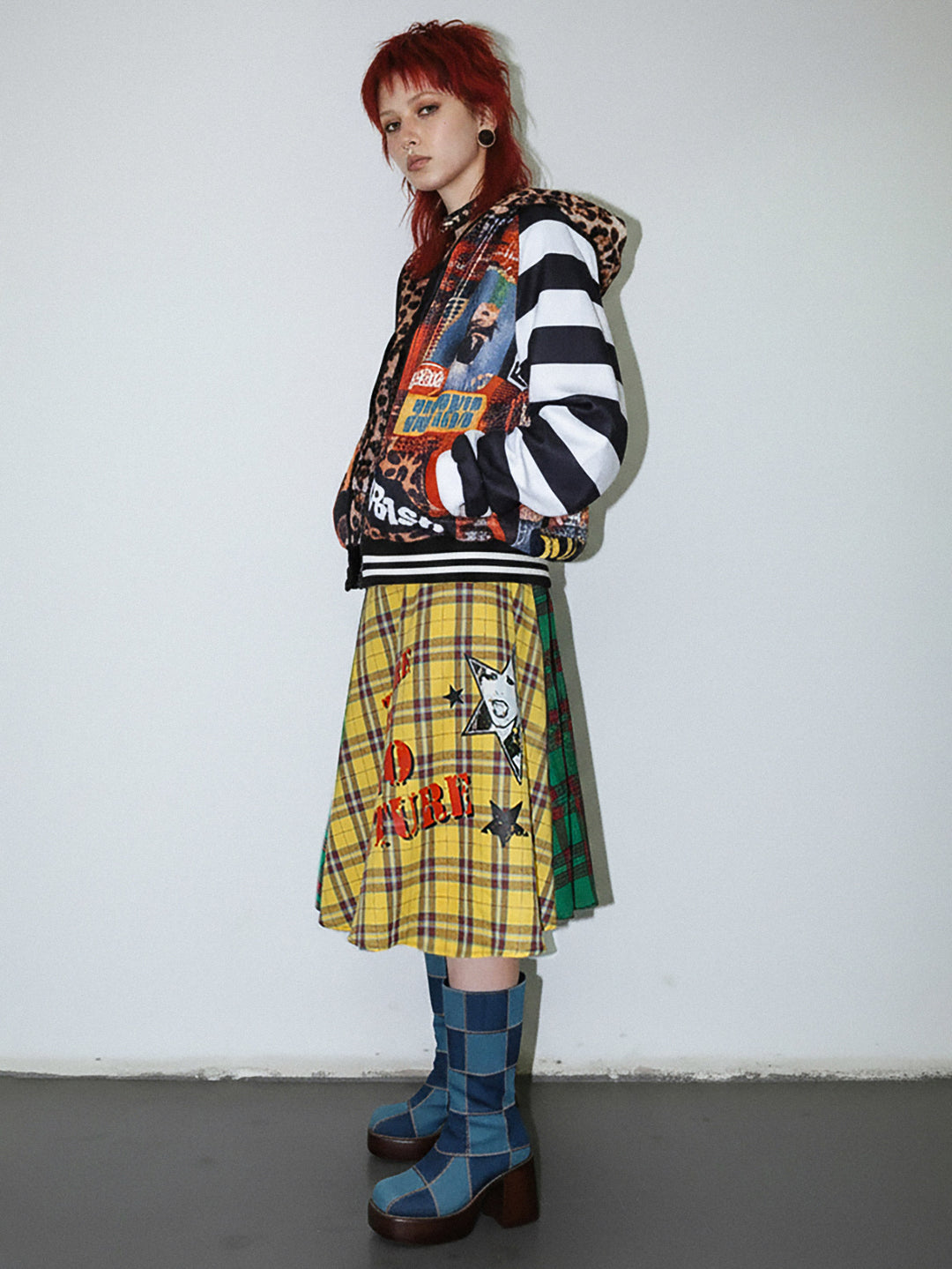 DeadEndKids BadGals Club double-sided plaid A-line skirt — yellow-green side view