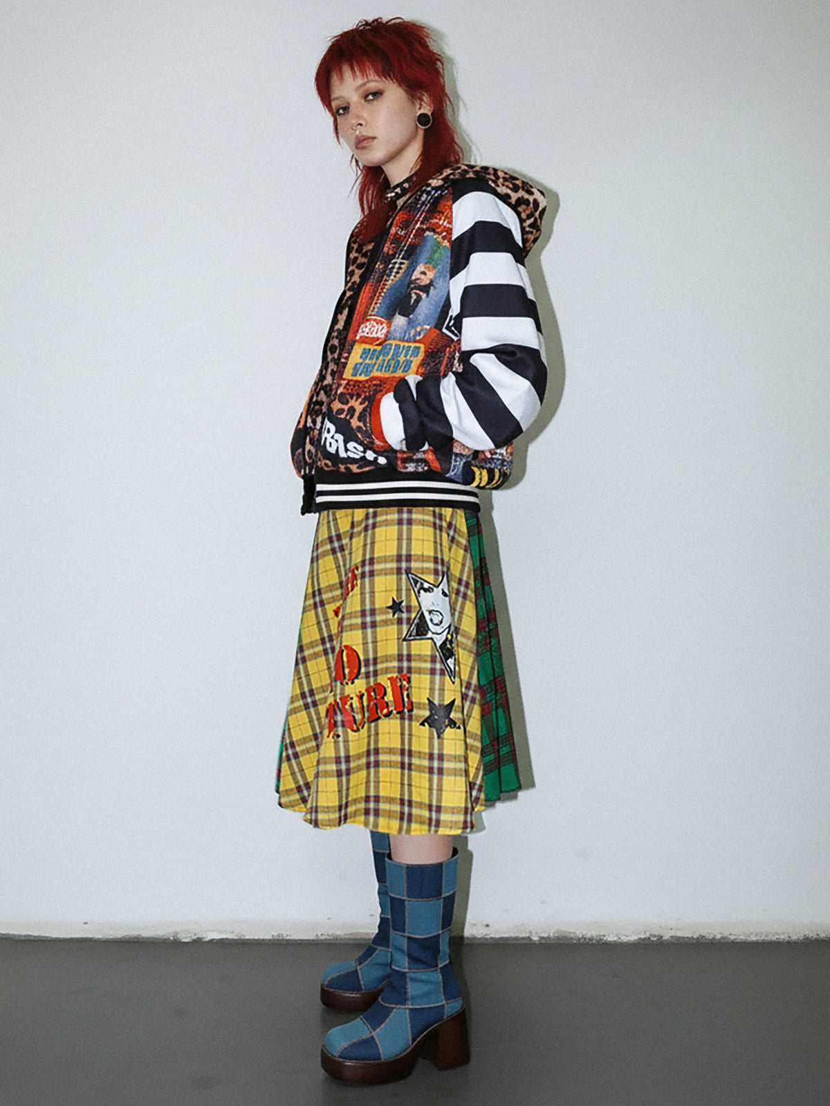 DeadEndKids BadGals Club double-sided plaid A-line skirt — yellow-green side view
