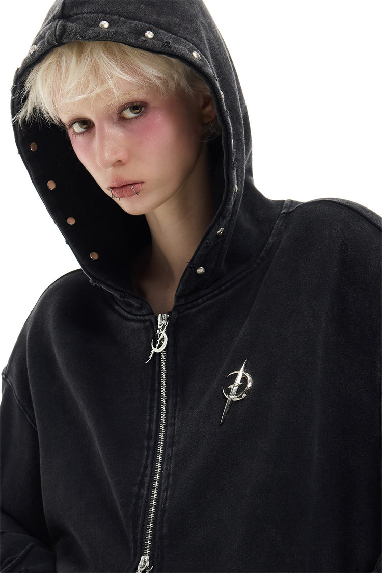 PINKSPINK REMAKE studded distressed zip-up hoodie — alternate angle showing the shape and finish