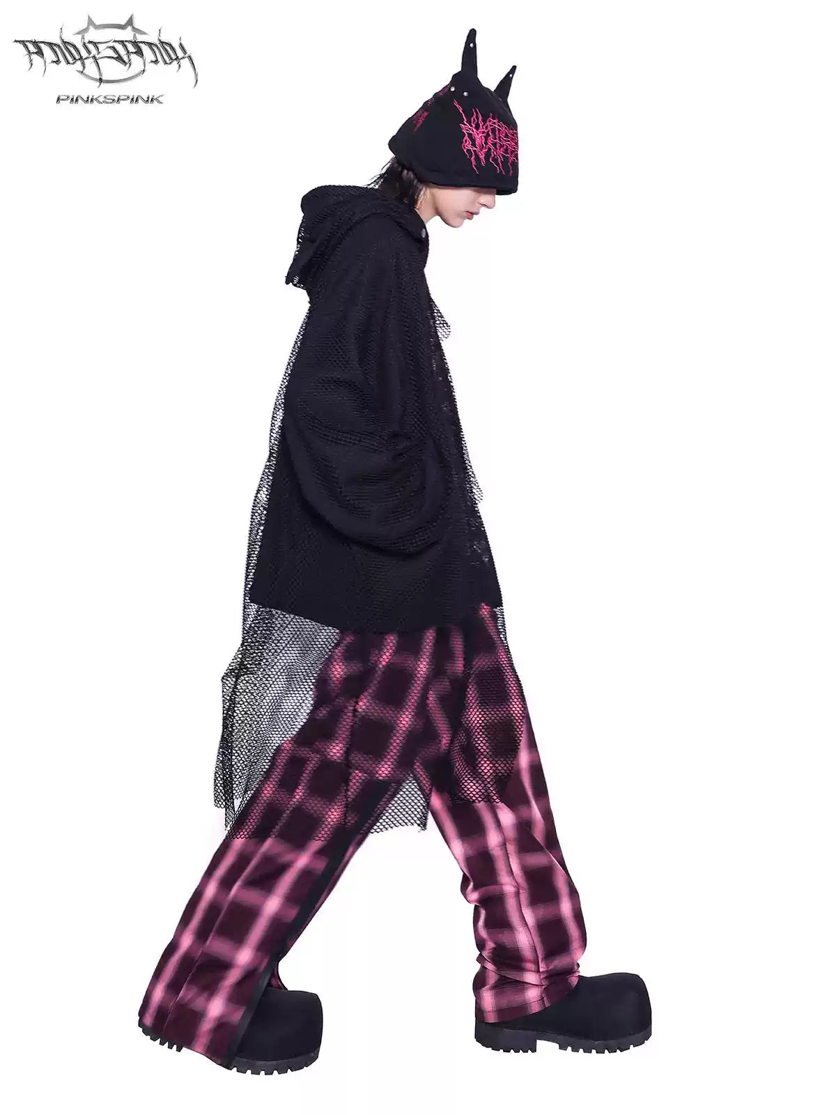 PINKSPINK SPHYNX embroidered cat-ear knit hat — alternate modeled view showing the silhouette