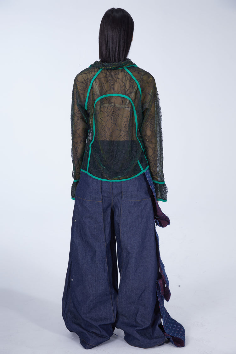 EMBRYO SPIDERWEB tearaway sheer shirt — close modeled view