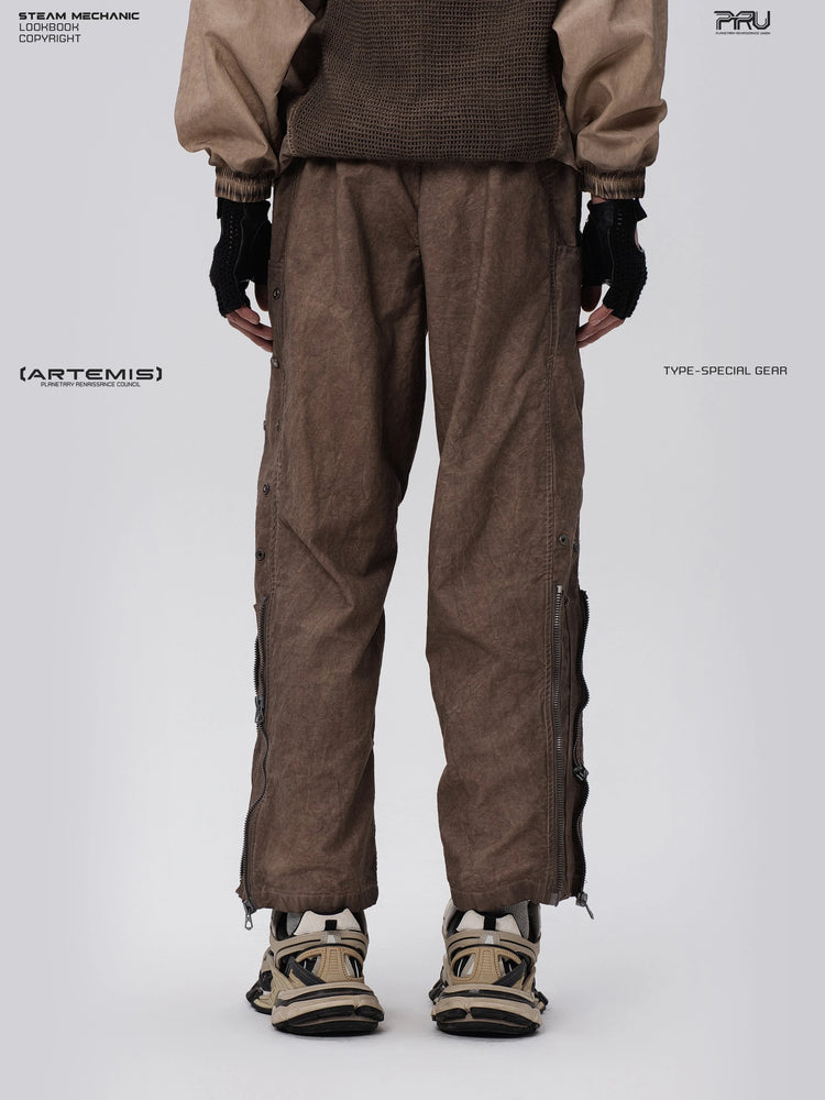 PIONEER ochre brown knee-mesh utility work pants — construction detail