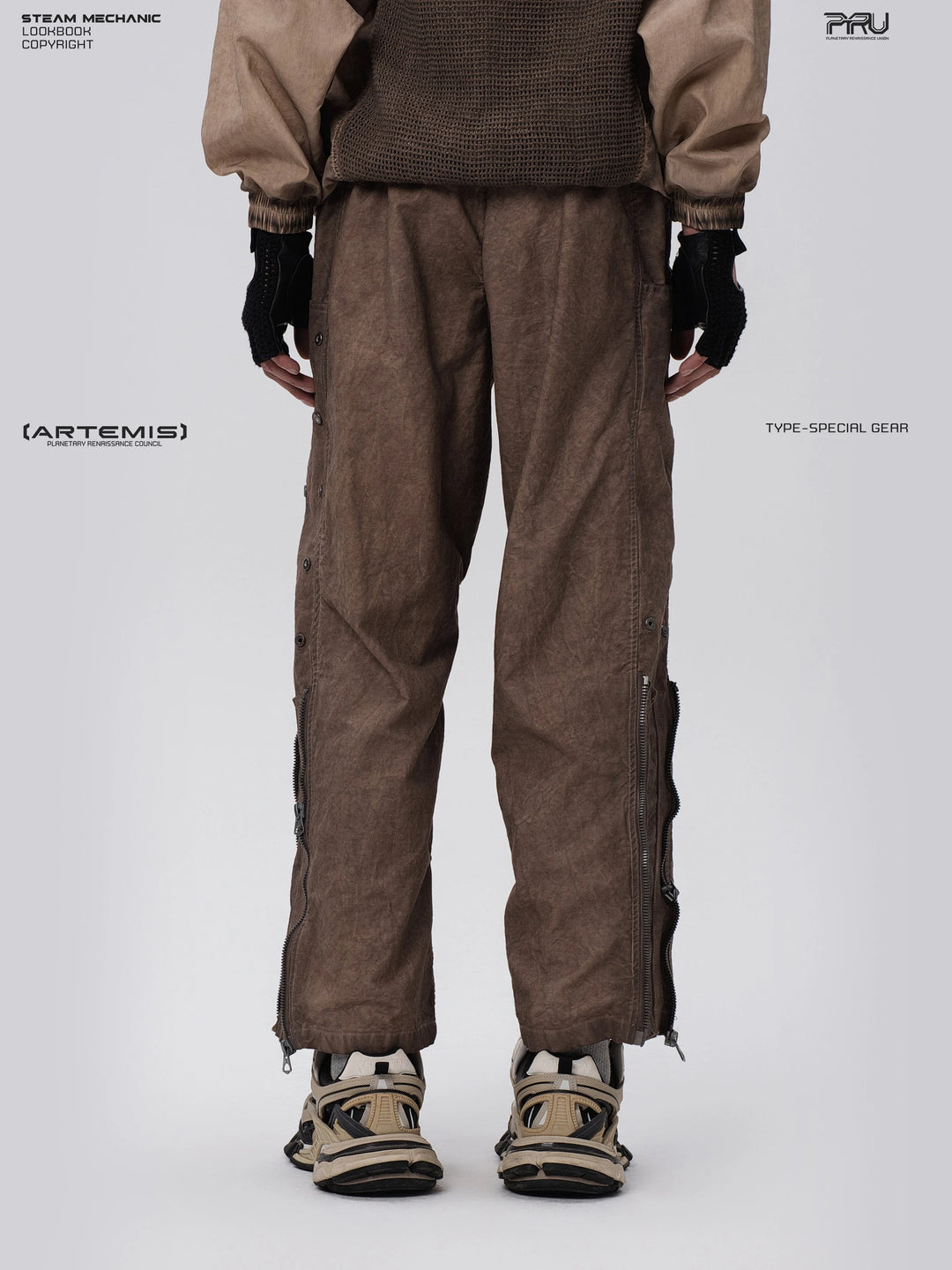 PIONEER ochre brown knee-mesh utility work pants — construction detail