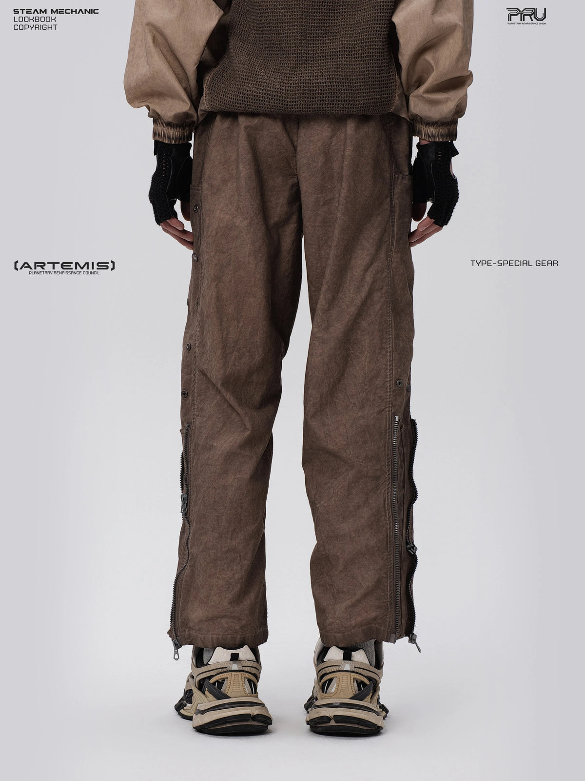 PIONEER ochre brown knee-mesh utility work pants — construction detail