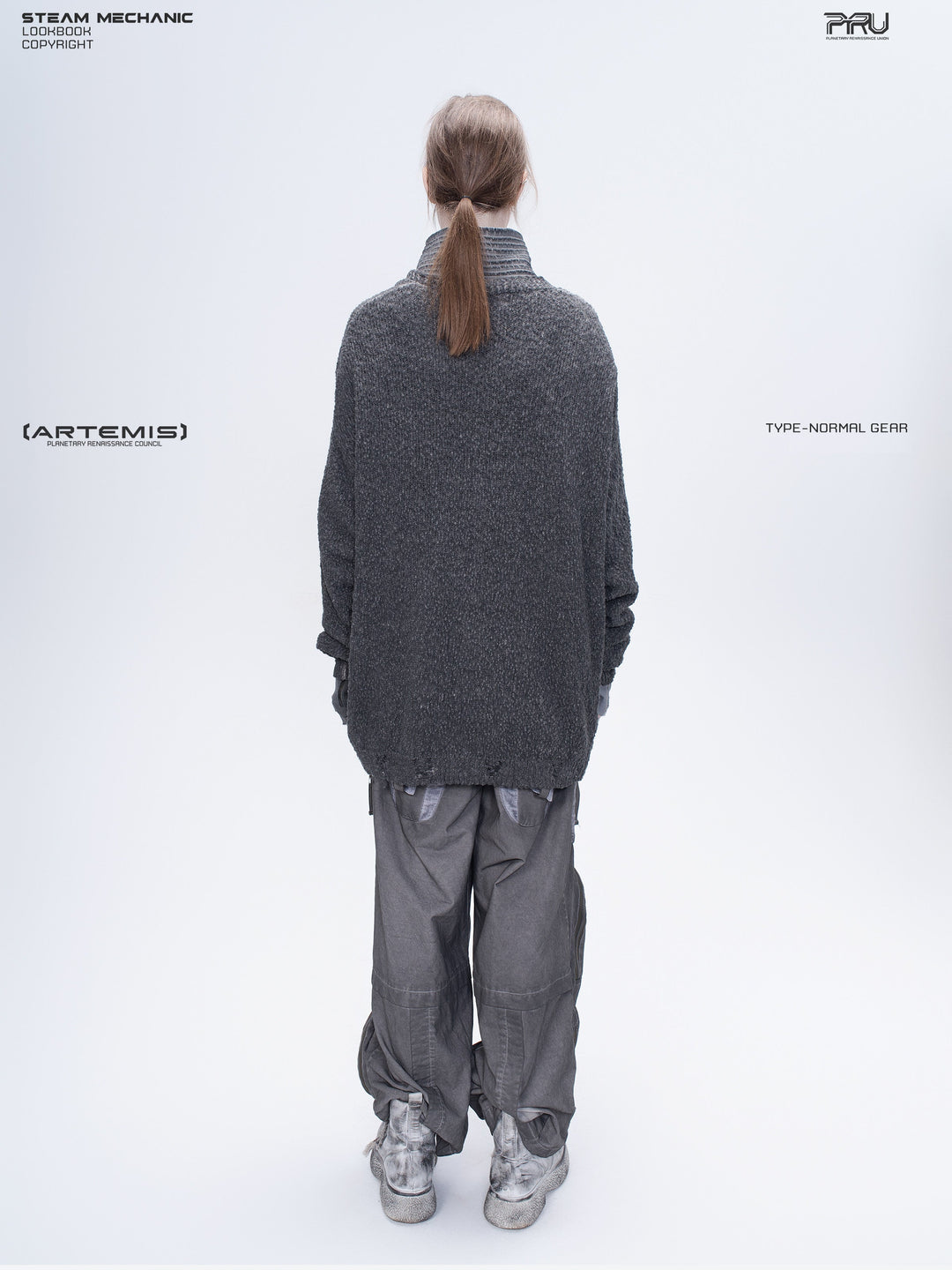 PIONEER moon dust gray moon-protection distressed sweater — full-length styled view