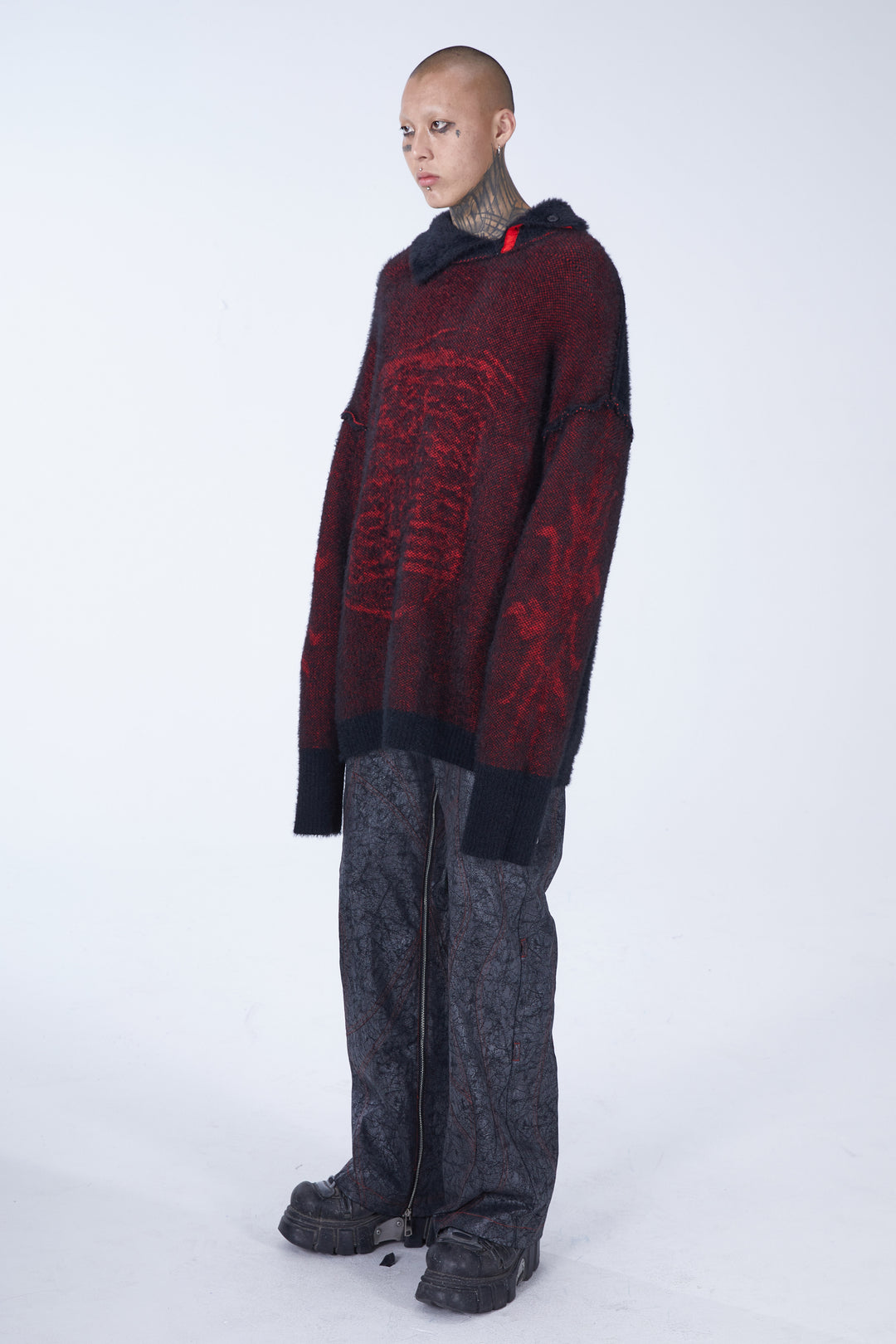 EMBRYO IMPERIAL SEAL reversible faux-mink sweater — full-length modeled view
