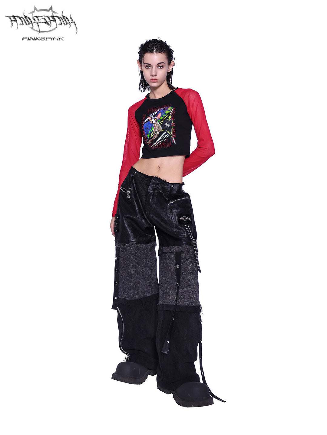 PINKSPINK SPHYNX red mesh-sleeve cropped graphic tee — black and red cropped tee — front view styled with wide-leg jeans