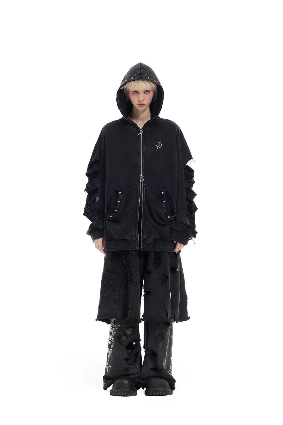 PINKSPINK REMAKE studded distressed zip-up hoodie — alternate modeled view showing the silhouette