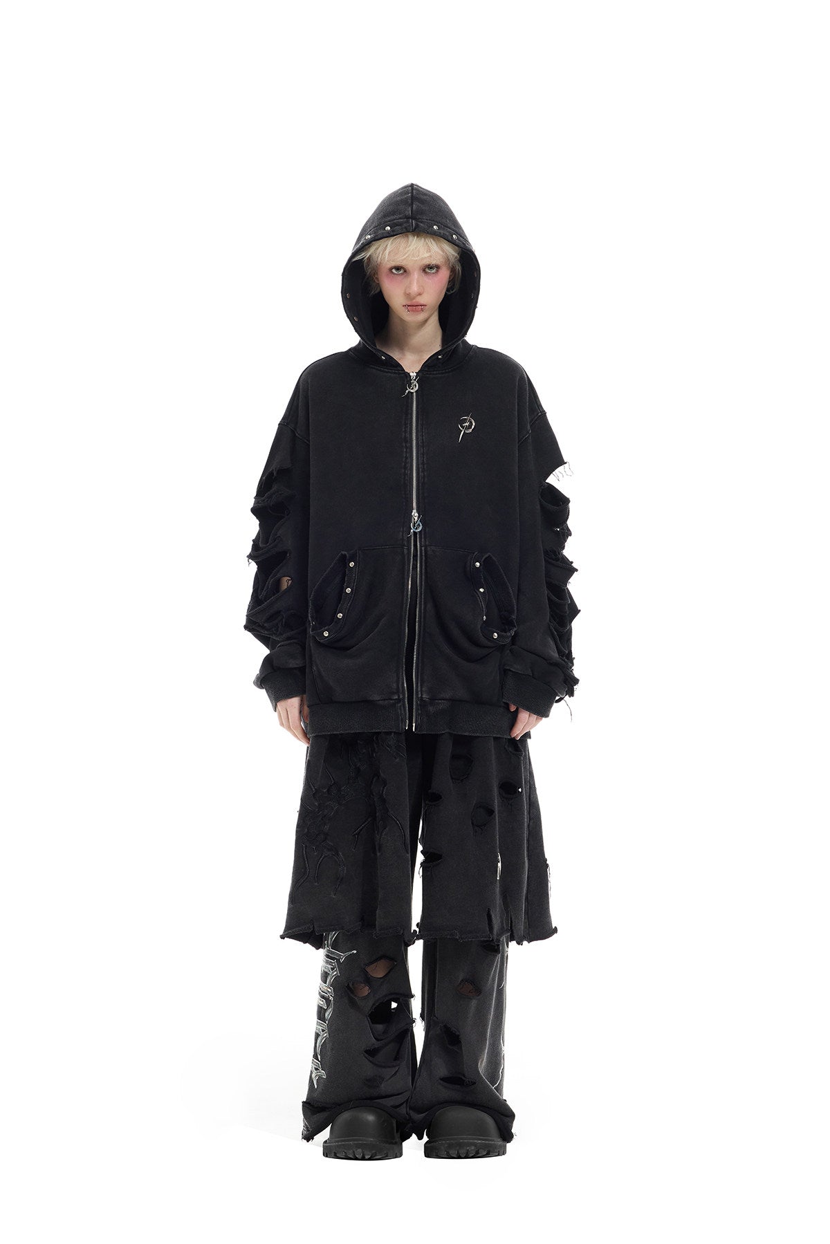PINKSPINK REMAKE studded distressed zip-up hoodie — alternate modeled view showing the silhouette